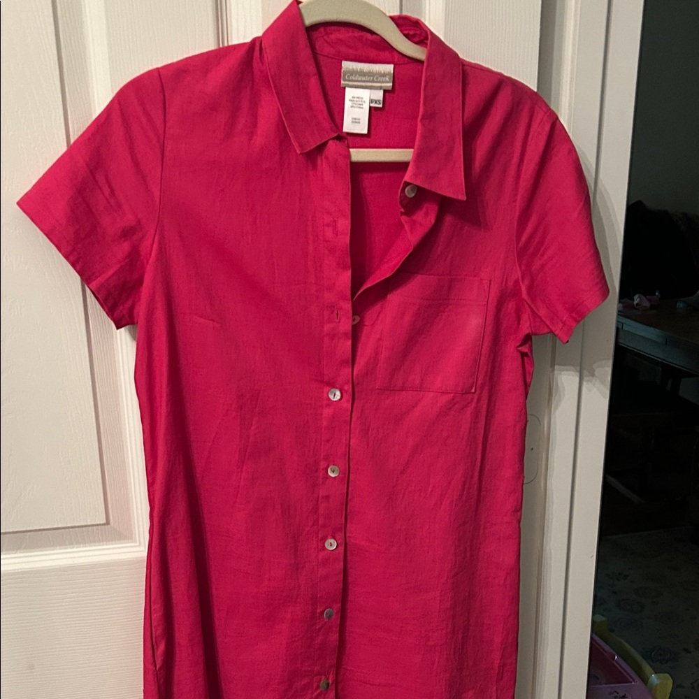 Coldwater Creek Hot Pink Short Sleeve Button-Front Dress linen cotton blend  pxs